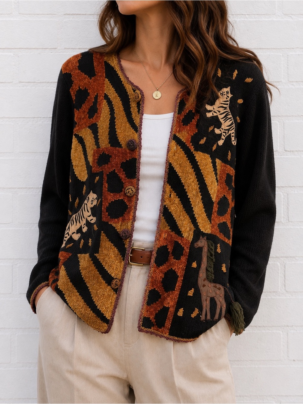 Vintage Victoria Harbour Tiger Giraffe Safari Animal Print Ramie Cotton Cardigan